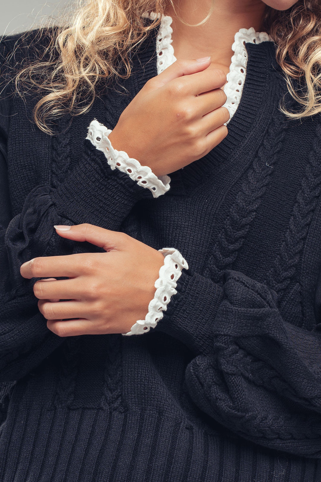 cable knit lace trim casual top cream - black (additional view)