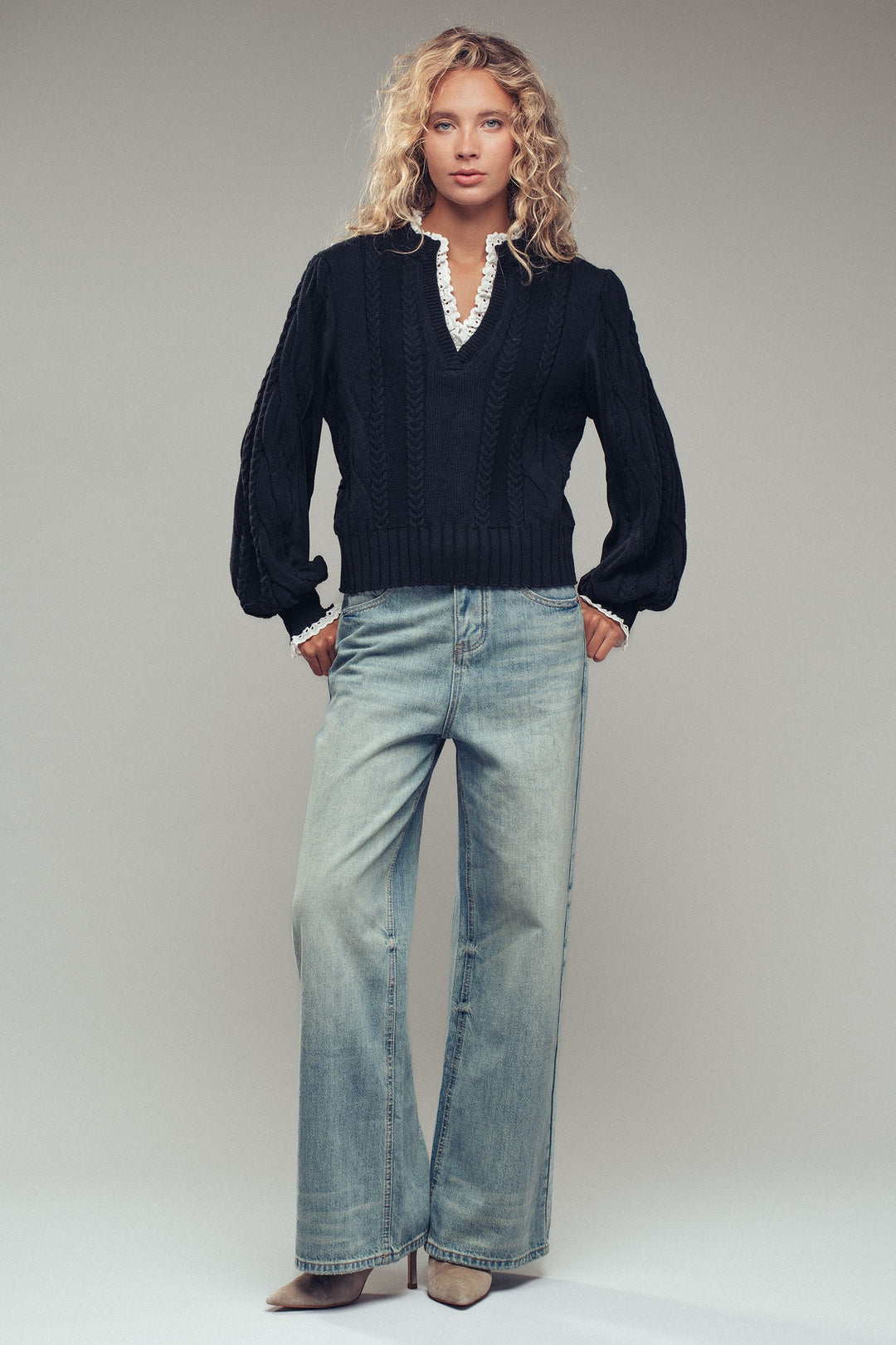 cable knit lace trim casual top cream - black (additional view)