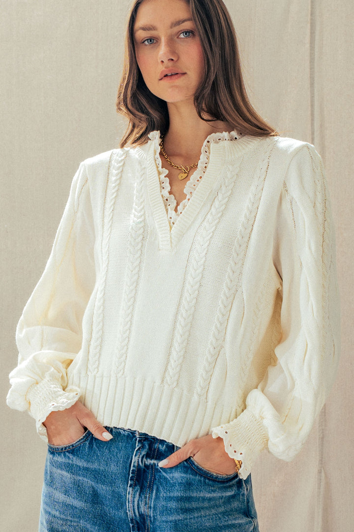 cable knit lace trim casual top cream - ivory