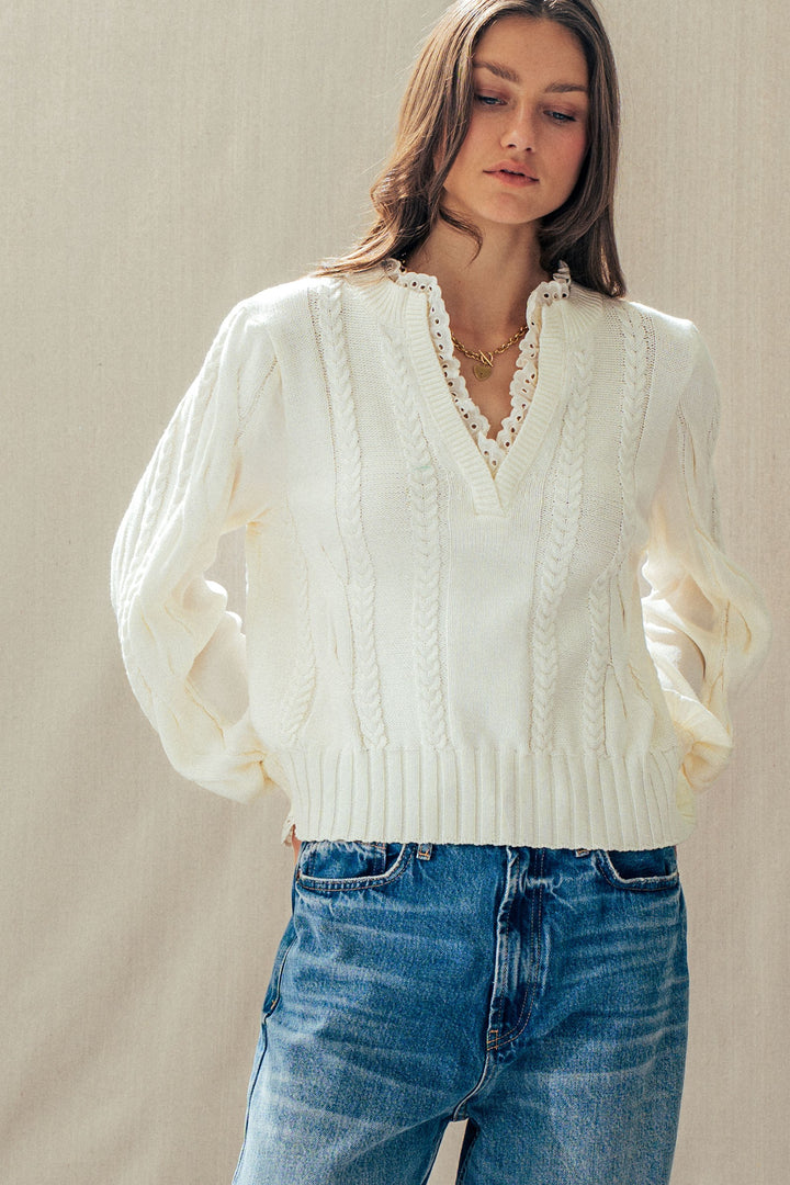 cable knit lace trim casual top cream - ivory (additional view)