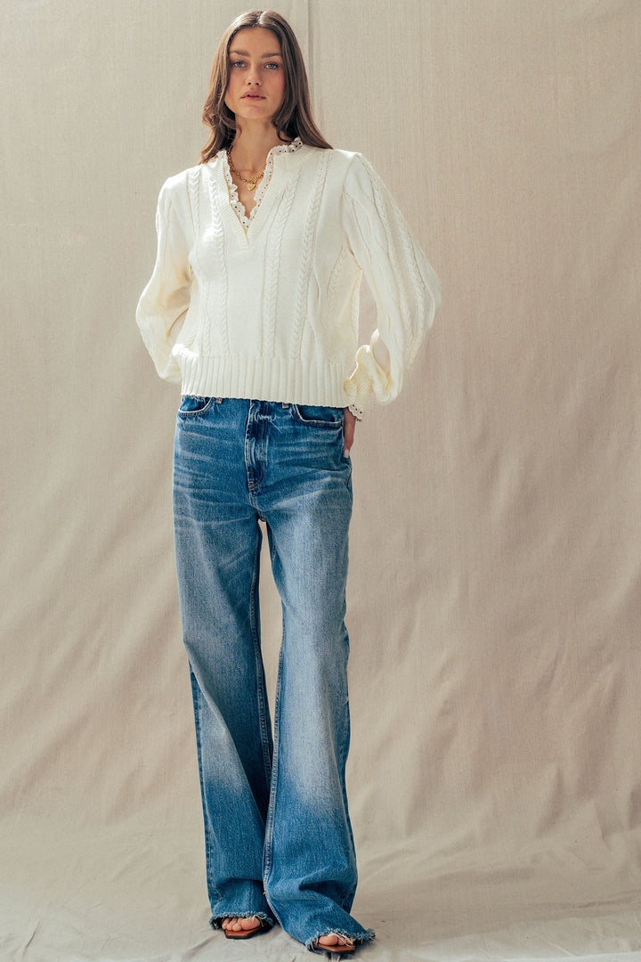 cable knit lace trim casual top cream - ivory (additional view)