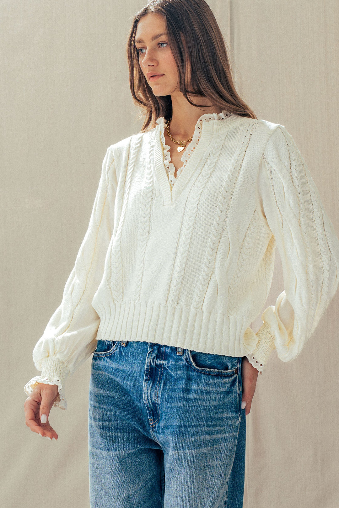 cable knit lace trim casual top cream - ivory (additional view)