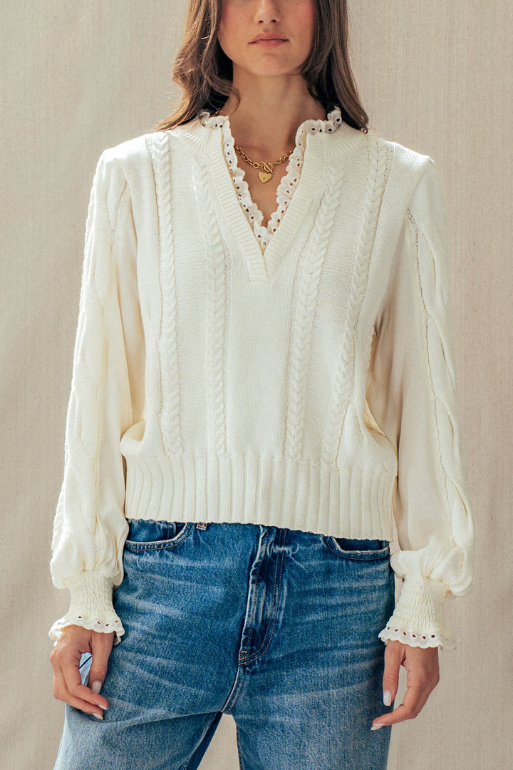 cable knit lace trim casual top cream - ivory (additional view)