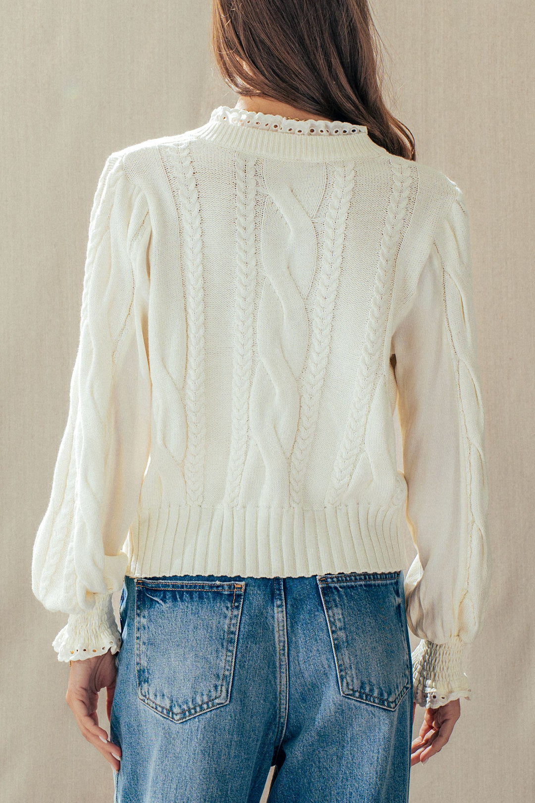 cable knit lace trim casual top cream - ivory (additional view)