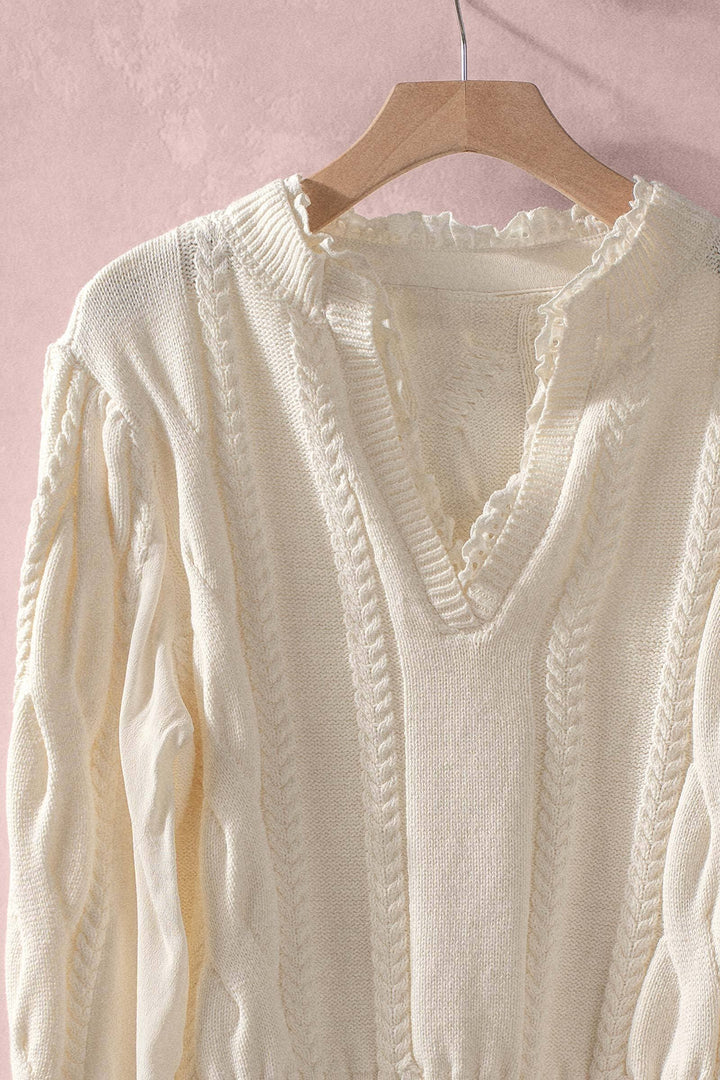 cable knit lace trim casual top cream - ivory (additional view)