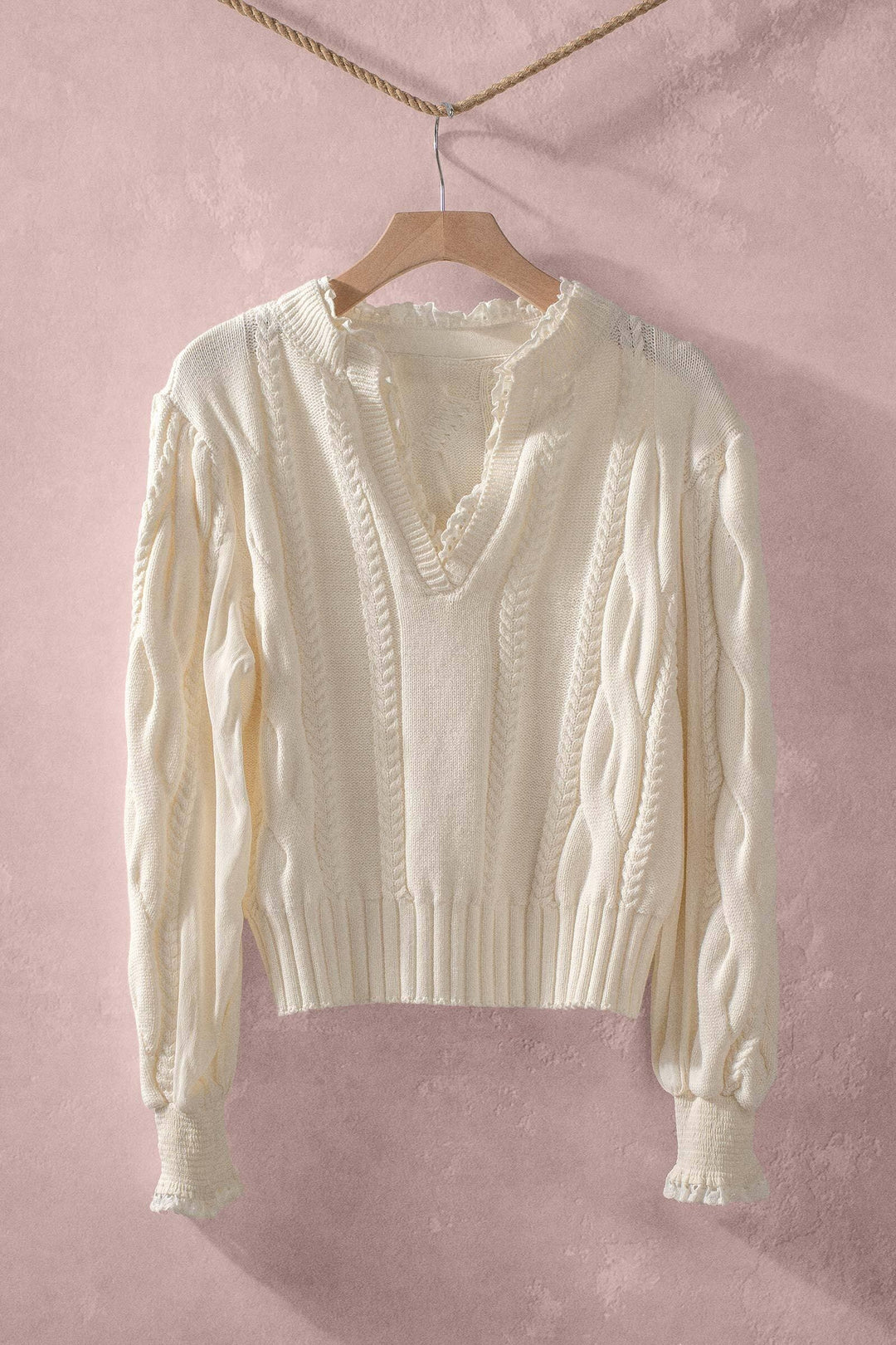 cable knit lace trim casual top cream - ivory (additional view)