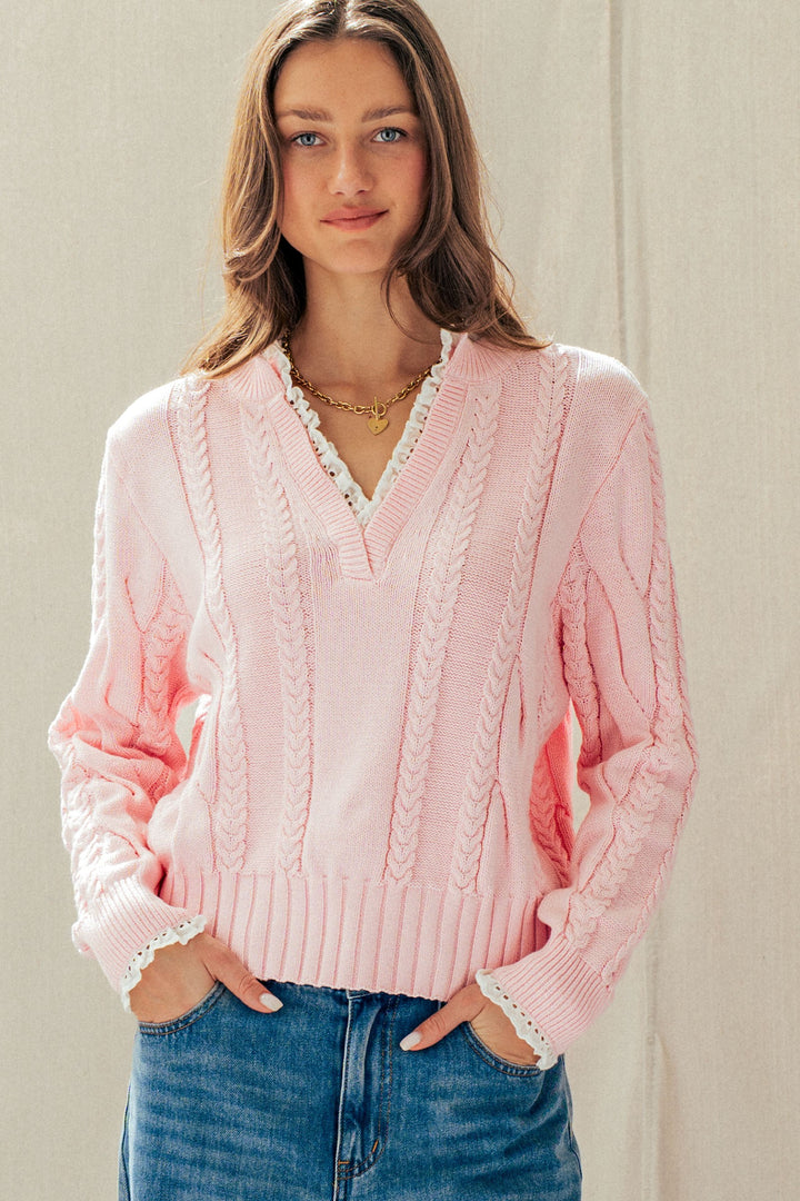 cable knit lace trim casual top cream - pink
