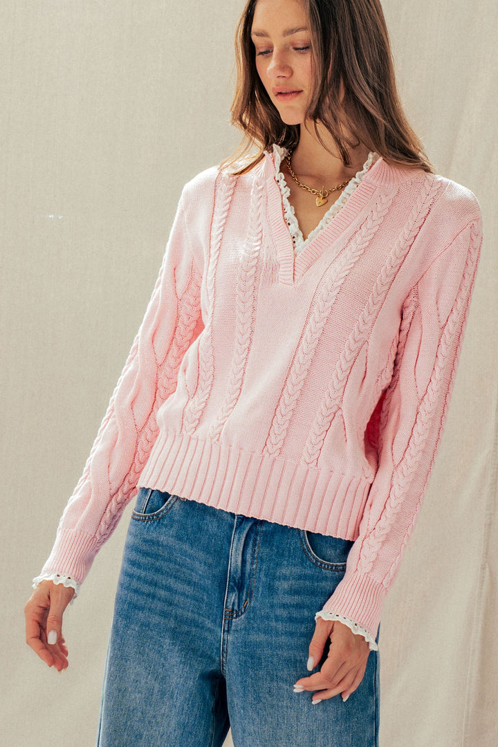 cable knit lace trim casual top cream - pink (additional view)