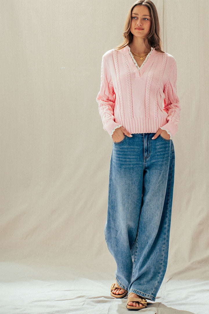 cable knit lace trim casual top cream - pink (additional view)