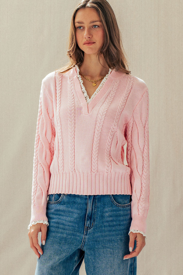cable knit lace trim casual top cream - pink (additional view)