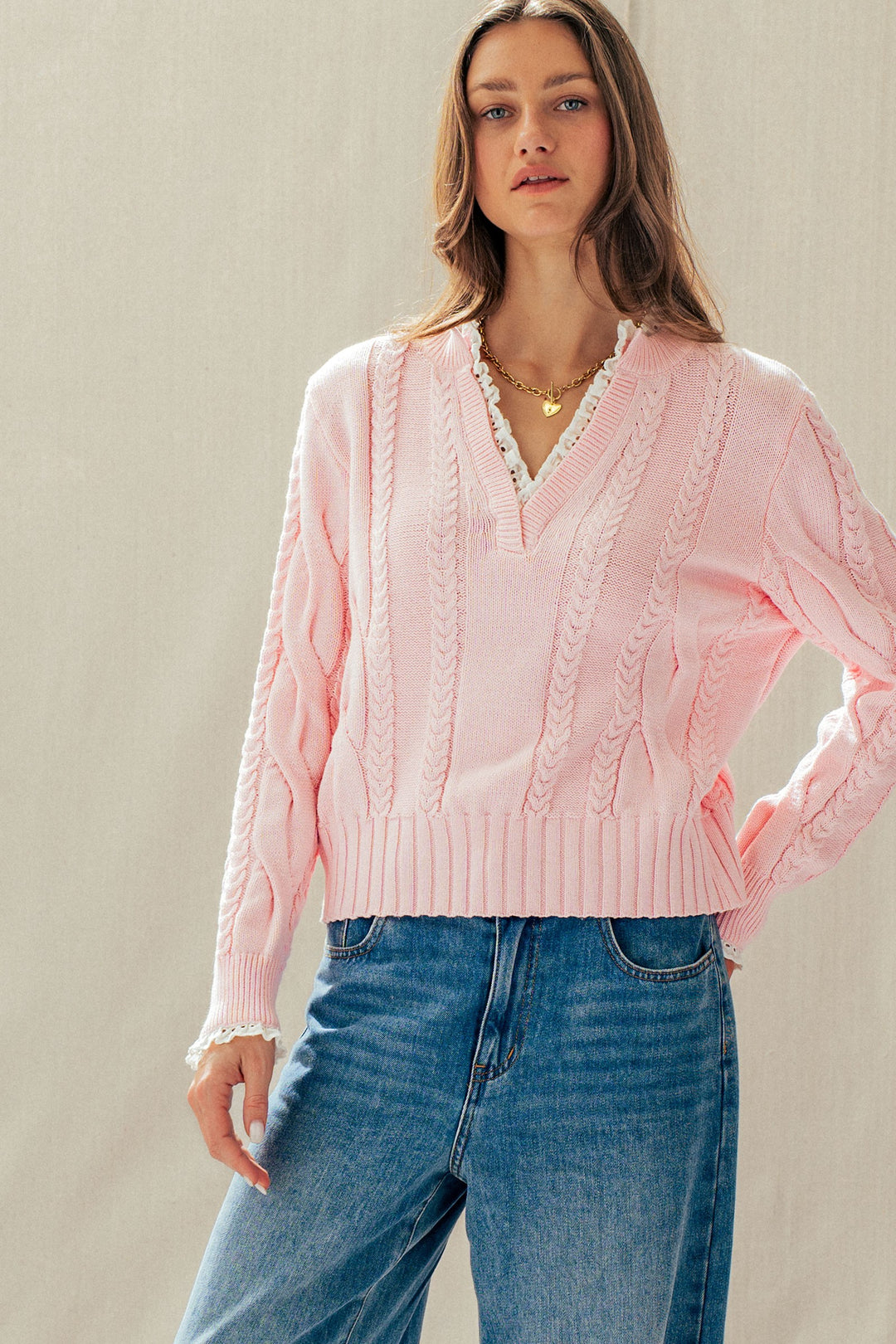 cable knit lace trim casual top cream - pink (additional view)