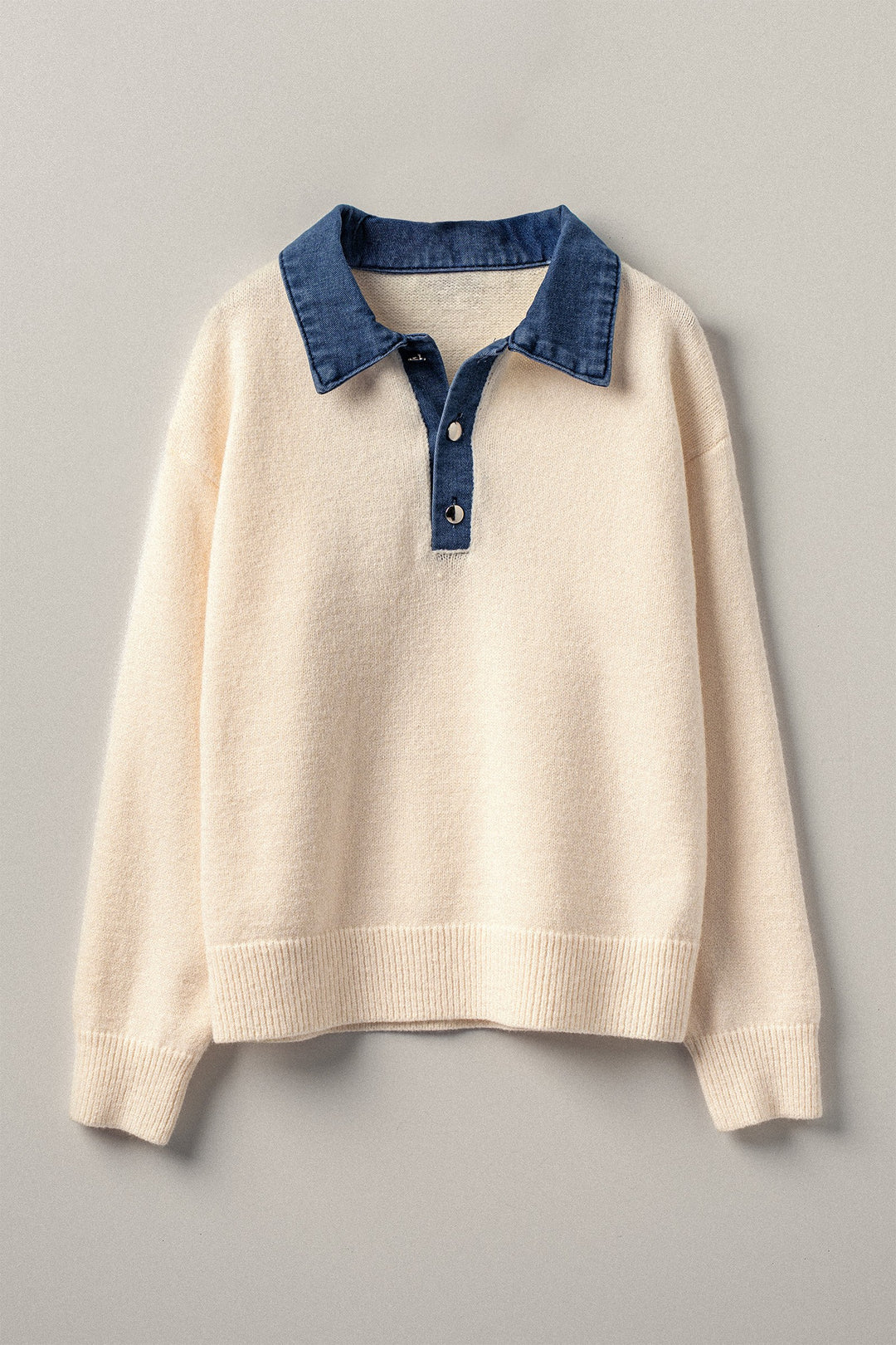 casual sweater contrast denim collar knit pullover - ivory