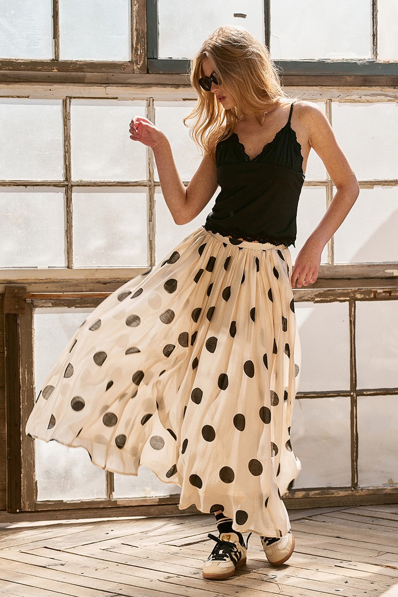polka dot pleated midi skirt w flowing silhouette - cream