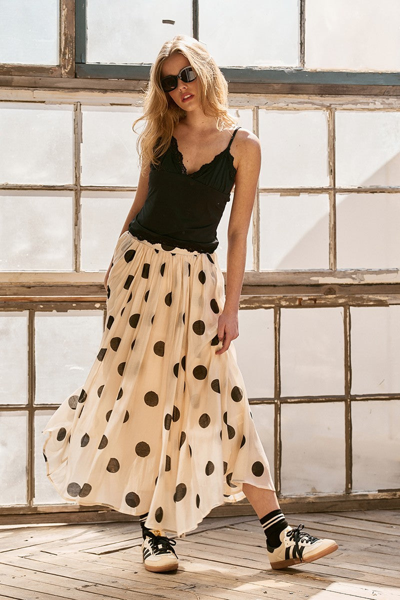 polka dot pleated midi skirt w flowing silhouette - cream (additional view)