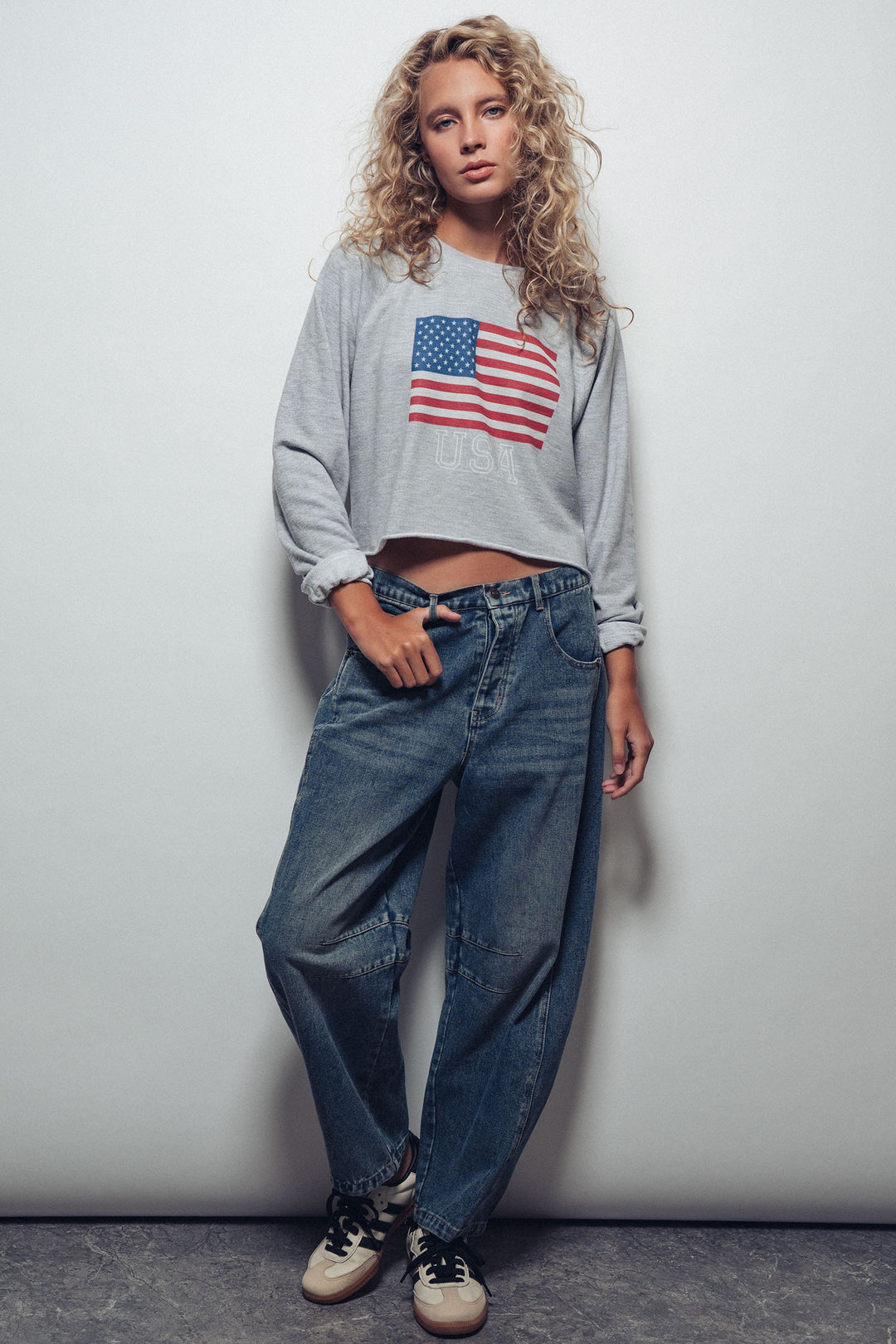 USA Flag Cropped Raglan Sweatshirt