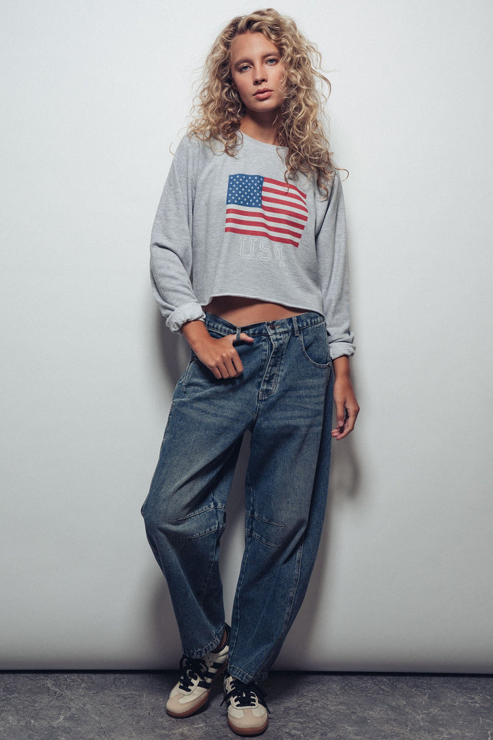 USA Flag Cropped Raglan Sweatshirt