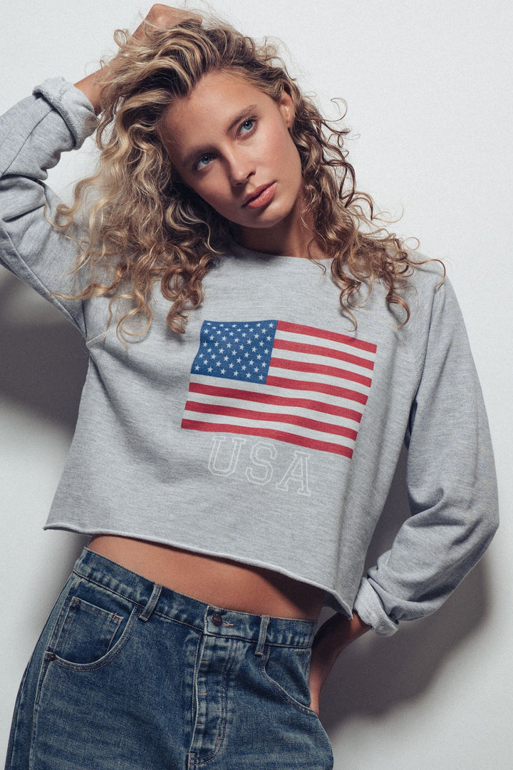 USA Flag Cropped Raglan Sweatshirt
