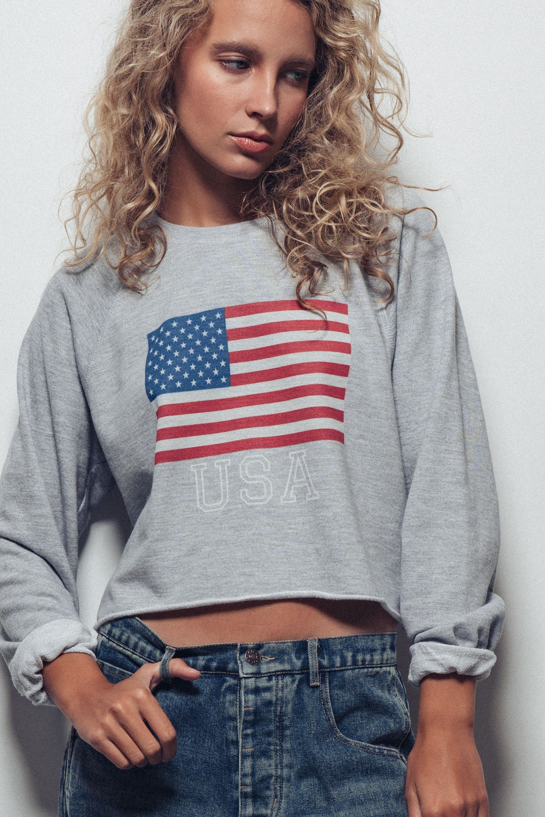 USA Flag Cropped Raglan Sweatshirt