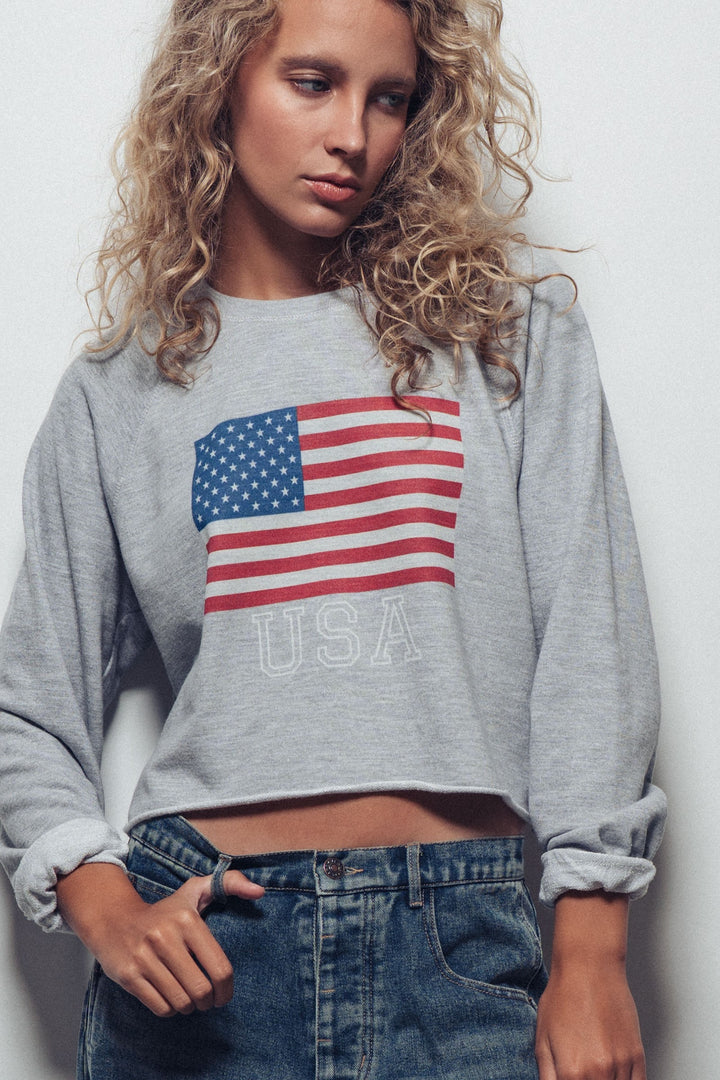 USA Flag Cropped Raglan Sweatshirt