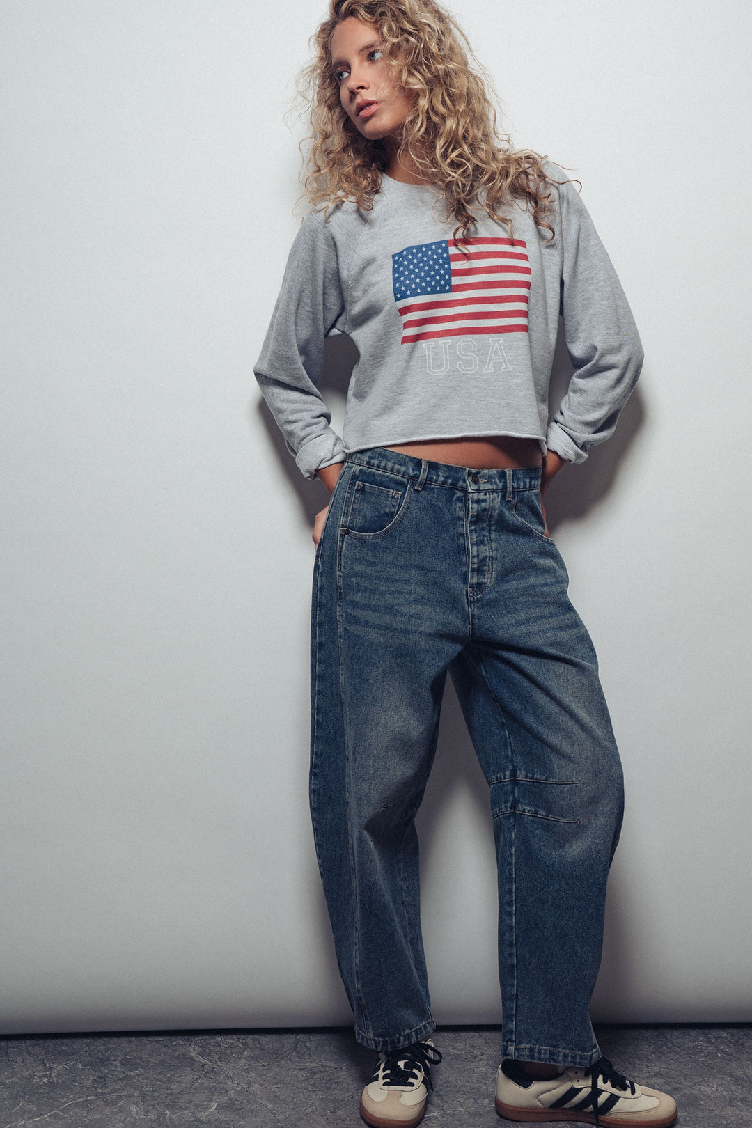 USA Flag Cropped Raglan Sweatshirt