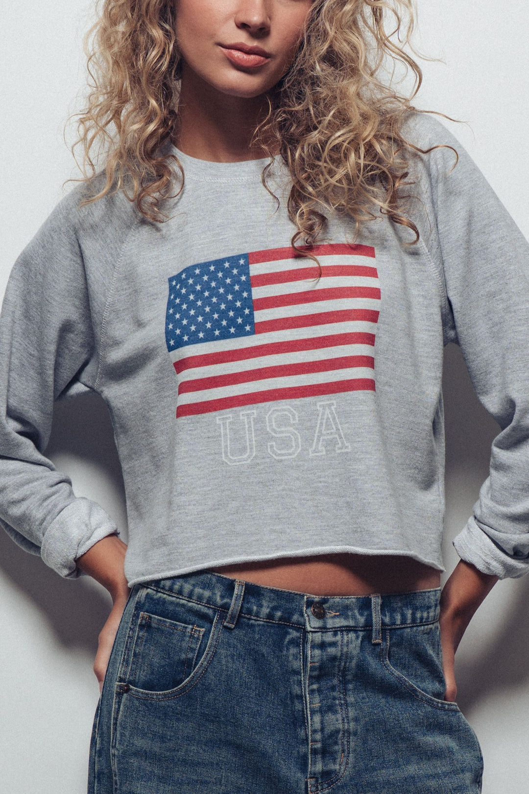 USA Flag Cropped Raglan Sweatshirt