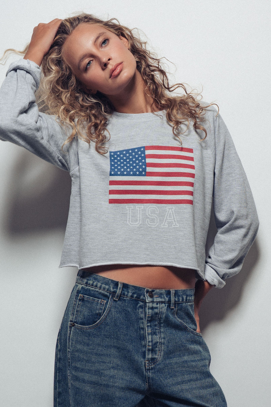 USA Flag Cropped Raglan Sweatshirt