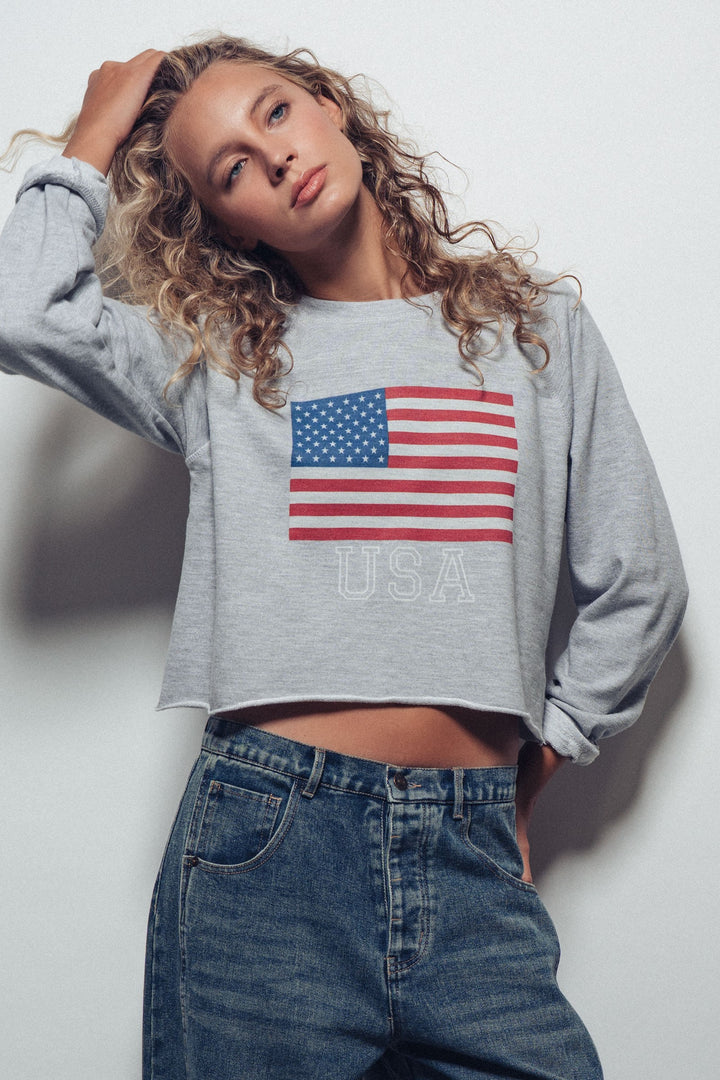 USA Flag Cropped Raglan Sweatshirt