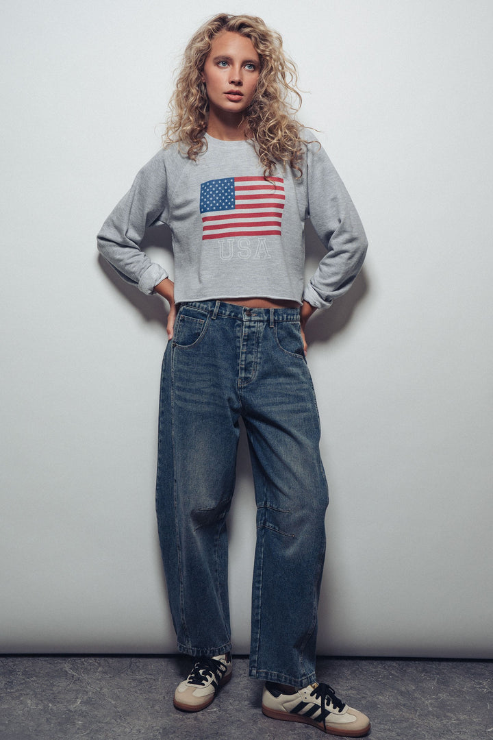 USA Flag Cropped Raglan Sweatshirt
