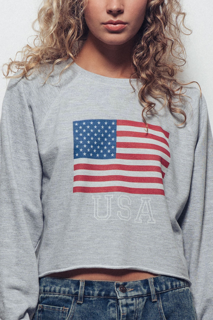 USA Flag Cropped Raglan Sweatshirt