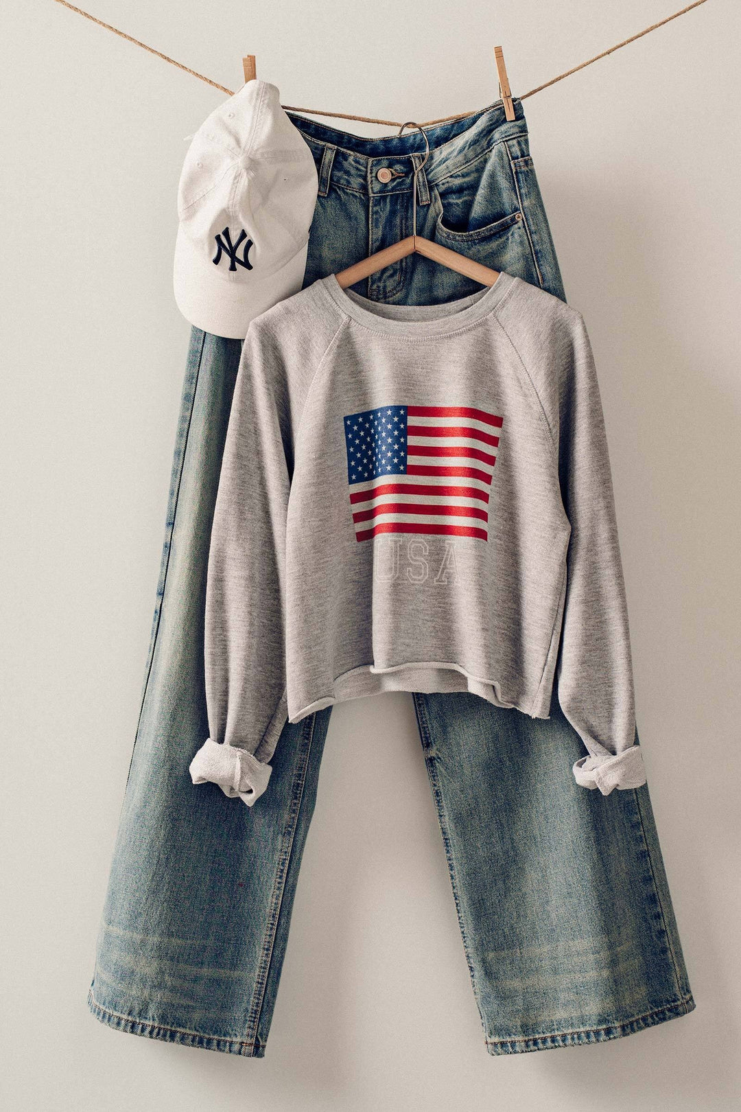 USA Flag Cropped Raglan Sweatshirt