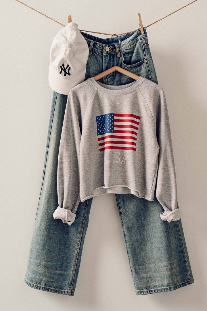 USA Flag Cropped Raglan Sweatshirt