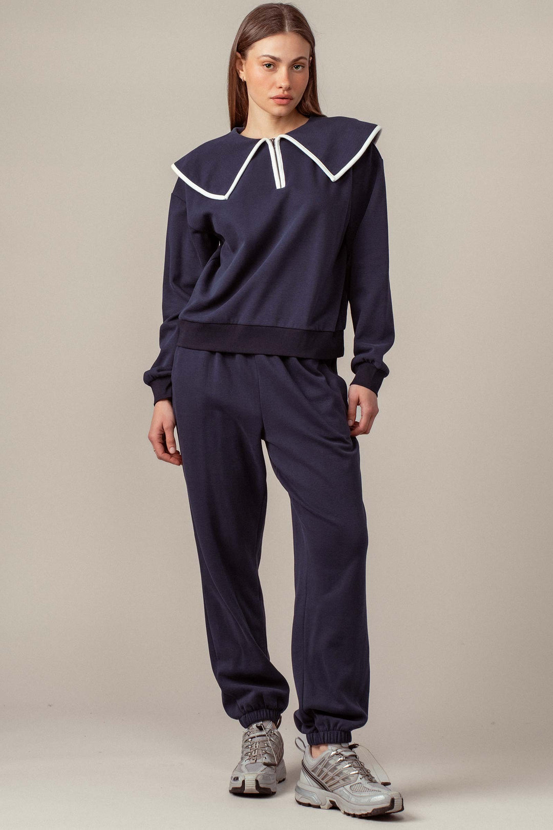 set sailor collar lounge sweatshirt and jogger set - navyivory