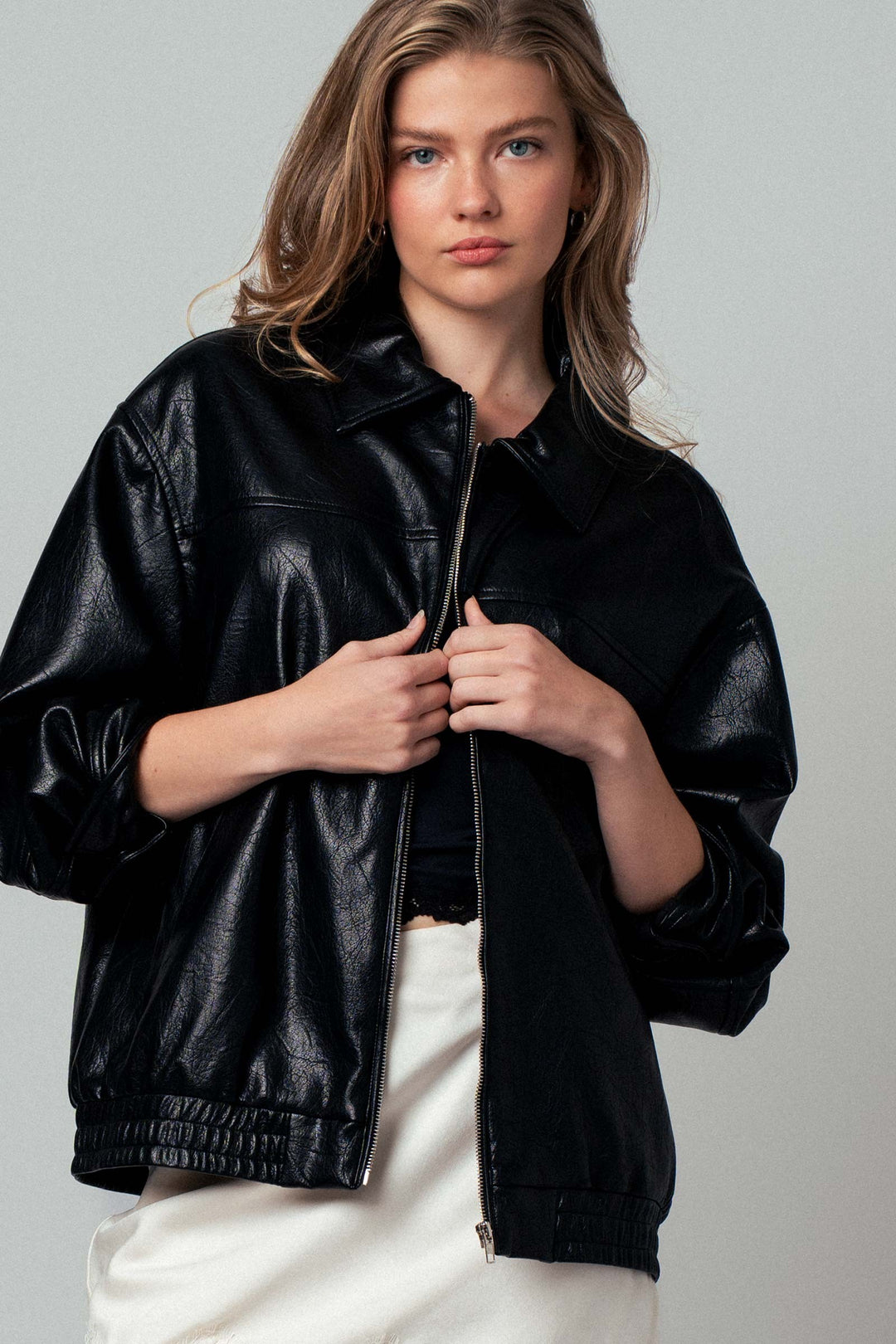 city muse oversized leather jacket - black