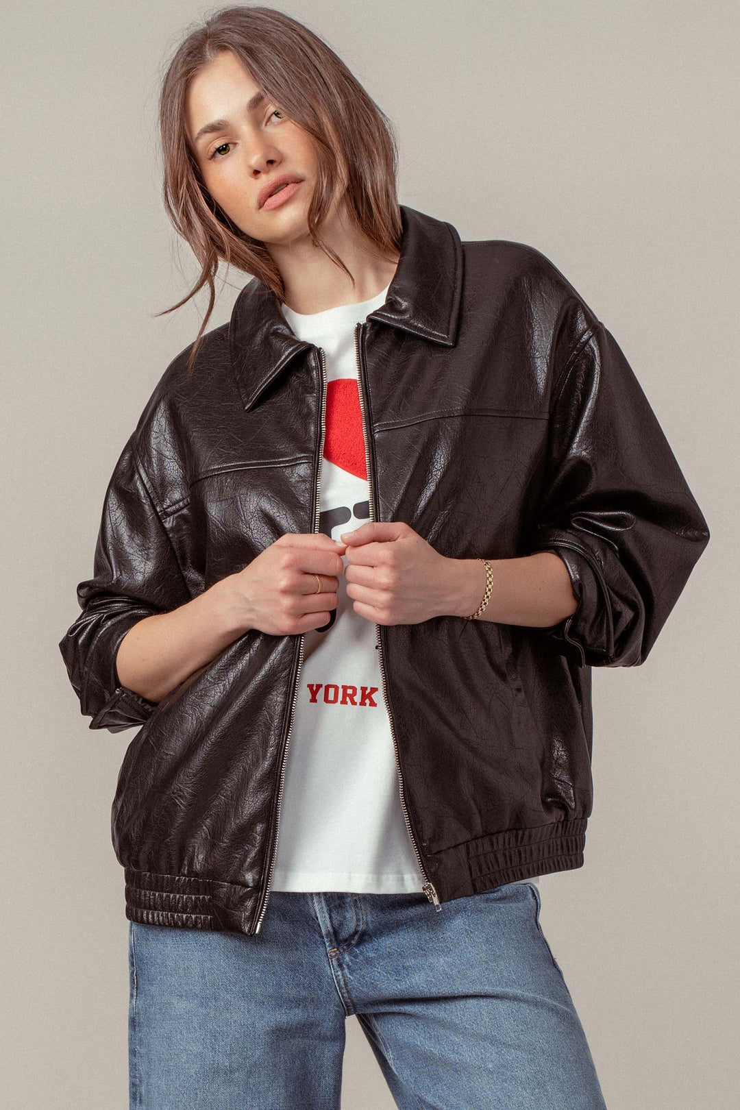 city muse oversized leather jacket - black
