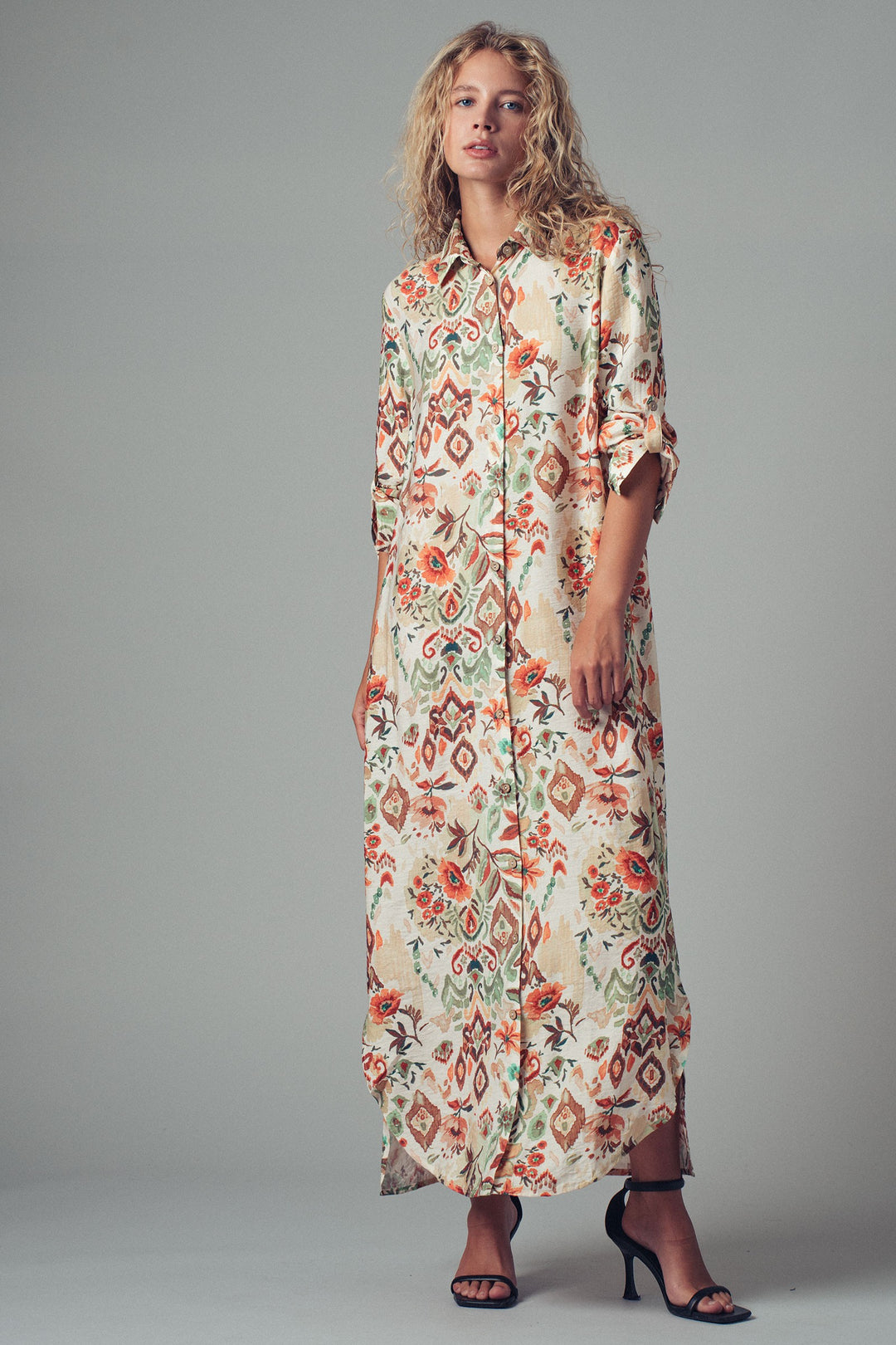 boho floral western midi dress with button front - multi