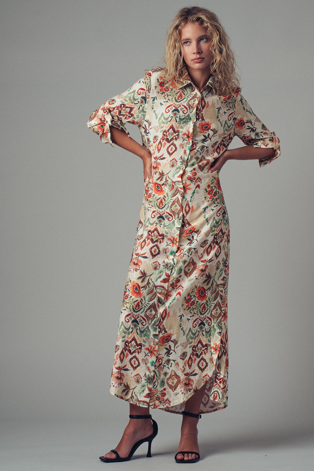 boho floral western midi dress with button front - multi (additional view)