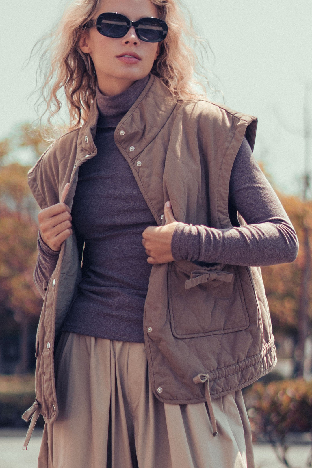 Vintage Washed Quilted Padded Snap Button Vest