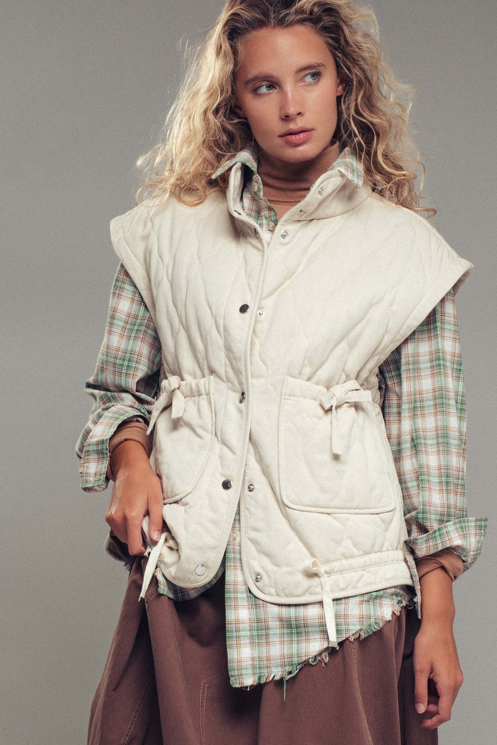 Vintage Washed Quilted Padded Snap Button Vest, additional view
