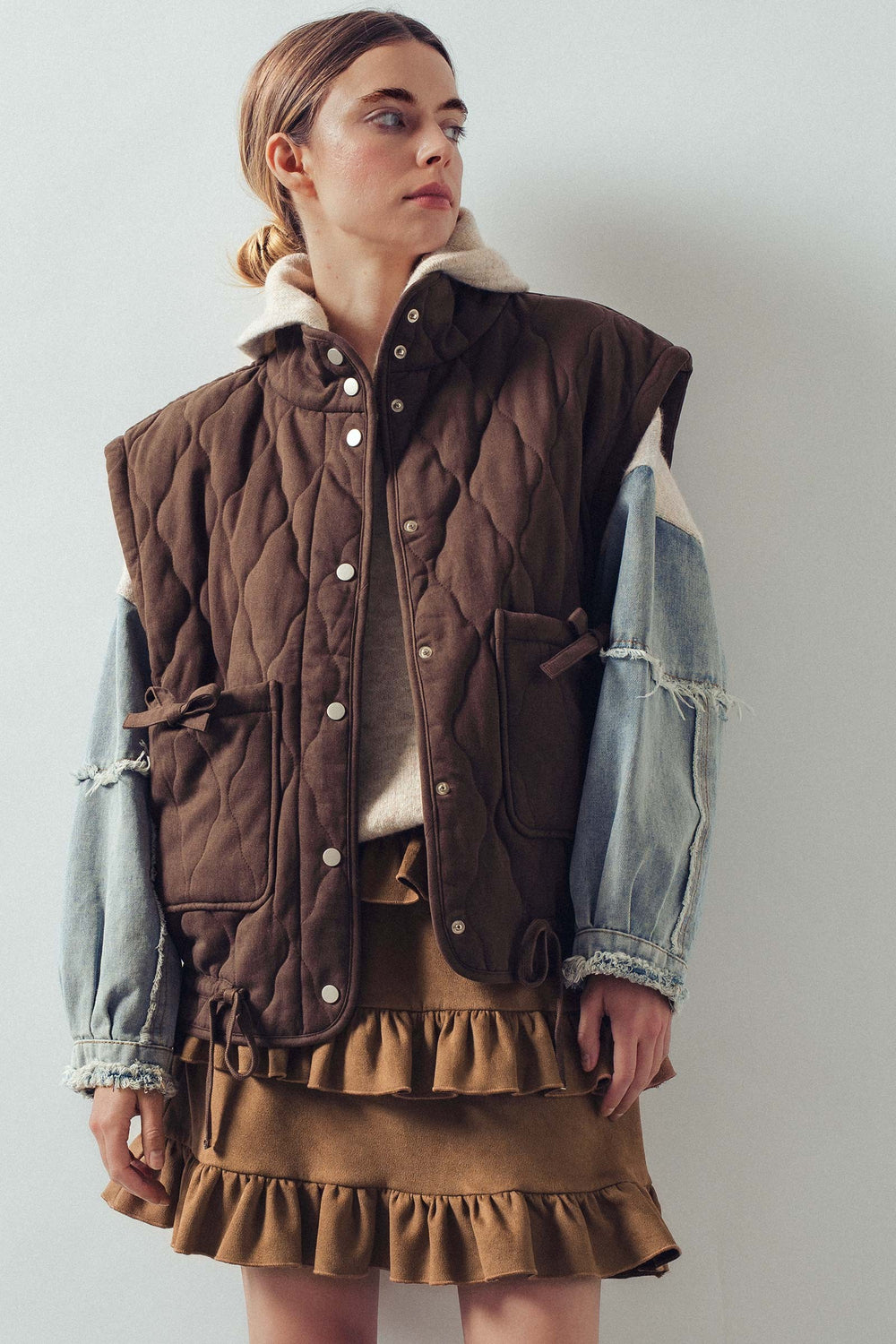 vintage washed quilted padded snap button vest - brown