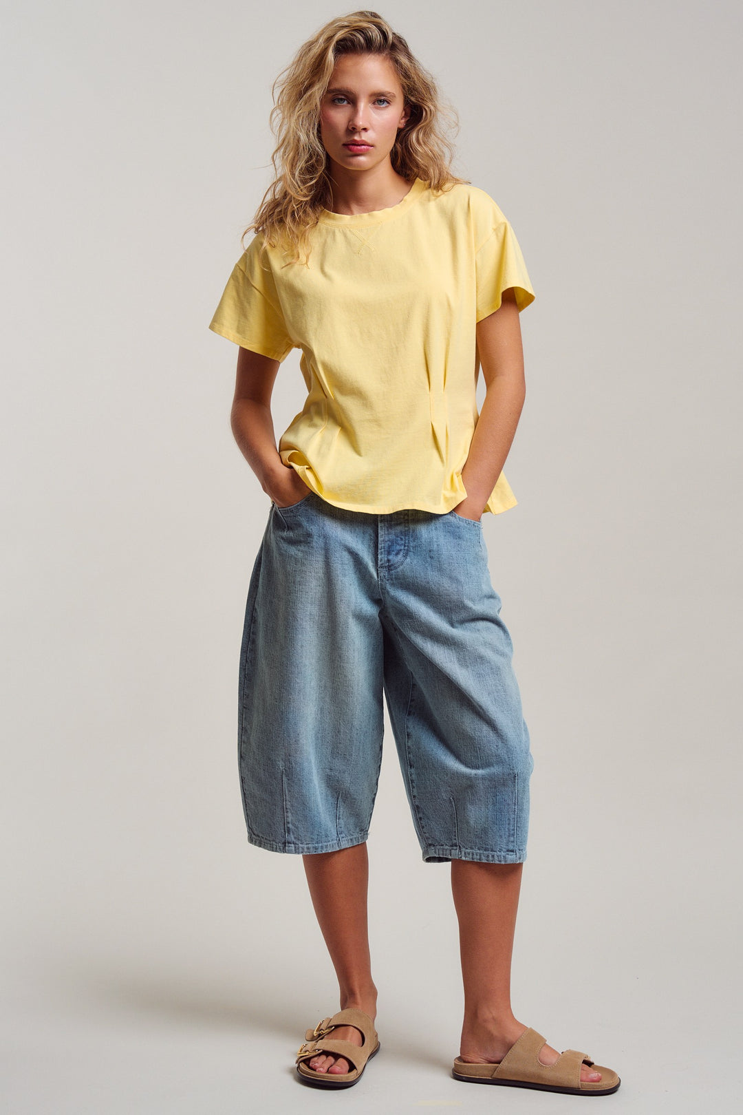 front pintuck mineral washed cotton tee - butter yellow (additional view)