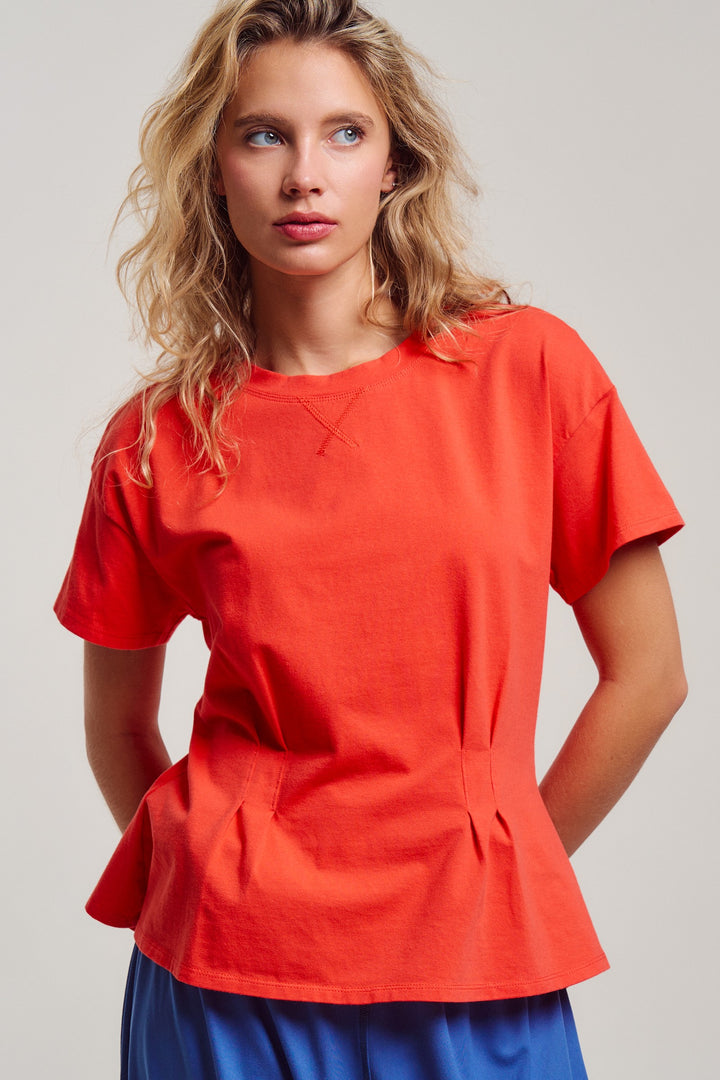 front pintuck mineral washed cotton tee - coral