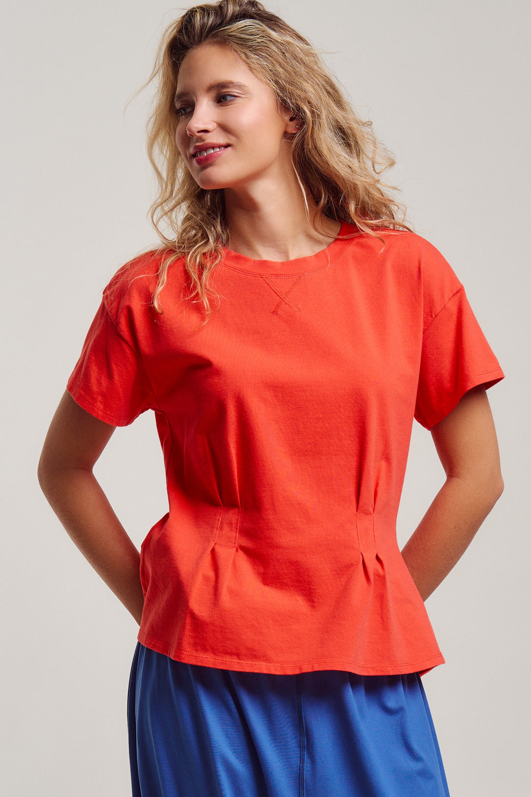 front pintuck mineral washed cotton tee - coral (additional view)