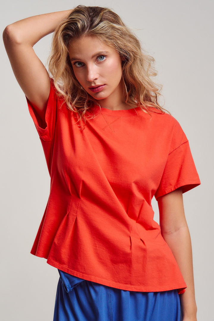 front pintuck mineral washed cotton tee - coral (additional view)