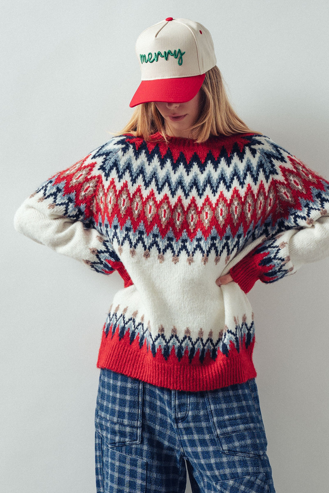 premium wool blend fair isle knit pattern sweater - red multi