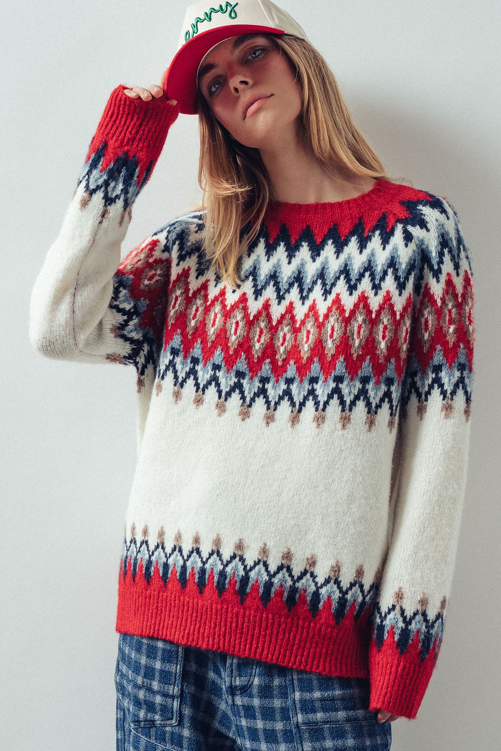 premium wool blend fair isle knit pattern sweater - red multi (additional view)