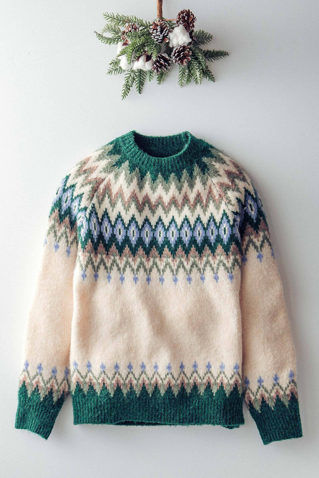 premium wool blend fair isle knit pattern sweater - green multi (additional view)