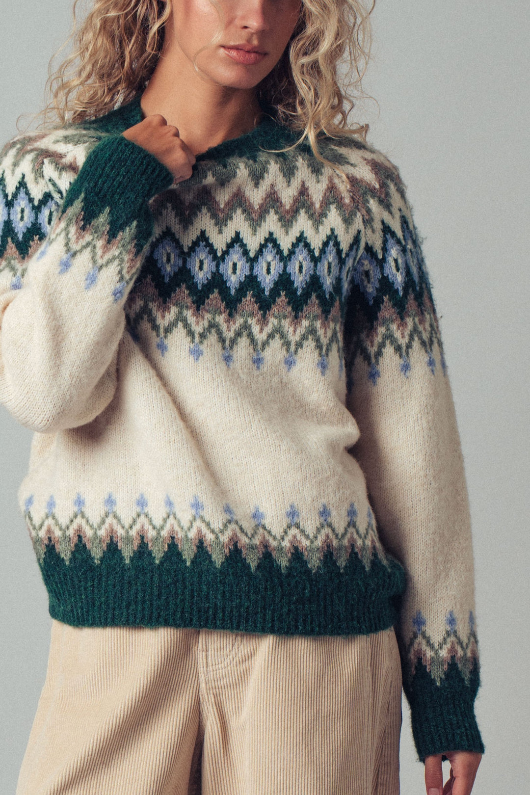 premium wool blend fair isle knit pattern sweater - green multi (additional view)