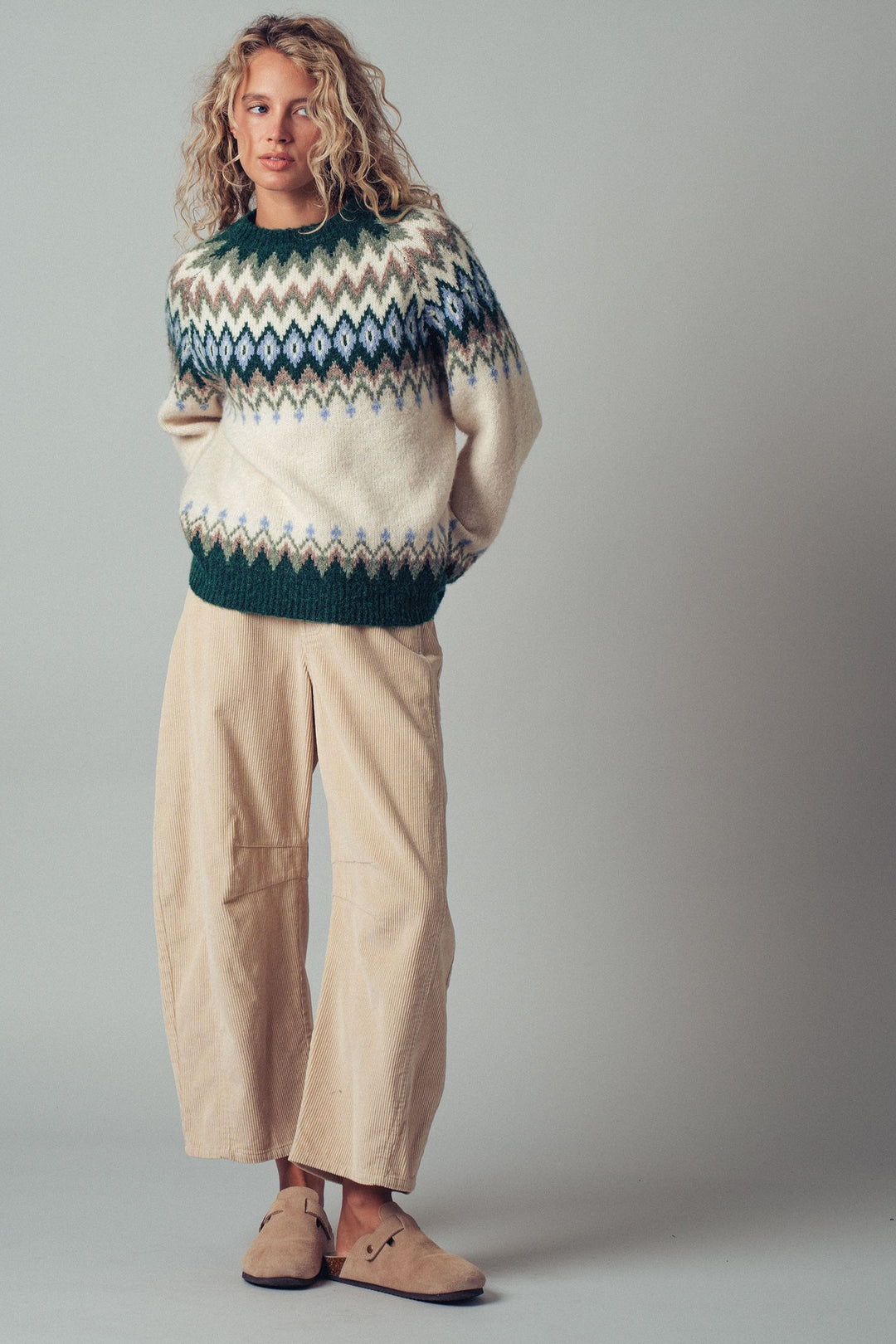 premium wool blend fair isle knit pattern sweater - green multi (additional view)