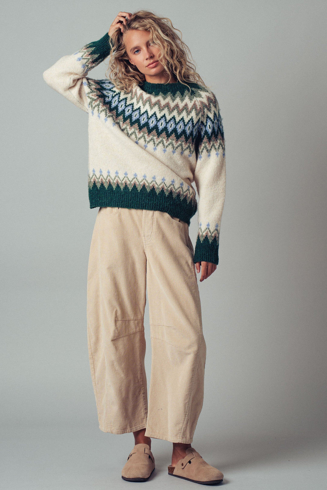 premium wool blend fair isle knit pattern sweater - green multi (additional view)
