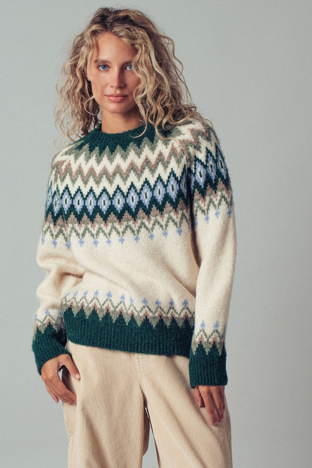 premium wool blend fair isle knit pattern sweater - green multi (additional view)